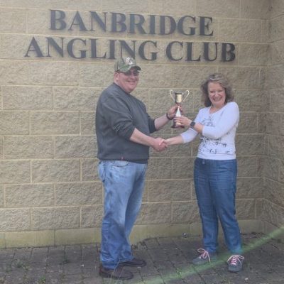 BAC - Dr Jacqueline McCandless presents the Linda McCandess Cup to the winner Martin Dynes following the Easter Monday Competition on the River Bann on Monday 22 April 2019