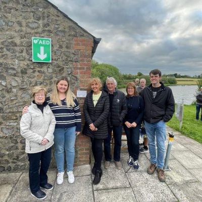BAC - The Beckett Family at the Corbet Lough on 25 May 2023 for the unveiling of the AED and plaque at the Corbet Lough In Memory of Nigel Beckett who loved fly fishing at the Corbet Lough.