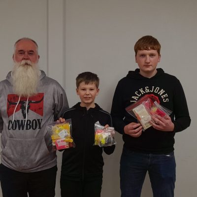 BAC - Fly Tying Class 2024-25. Prize winners Sean Stephens, Josh Smyth and Jamie Cooper